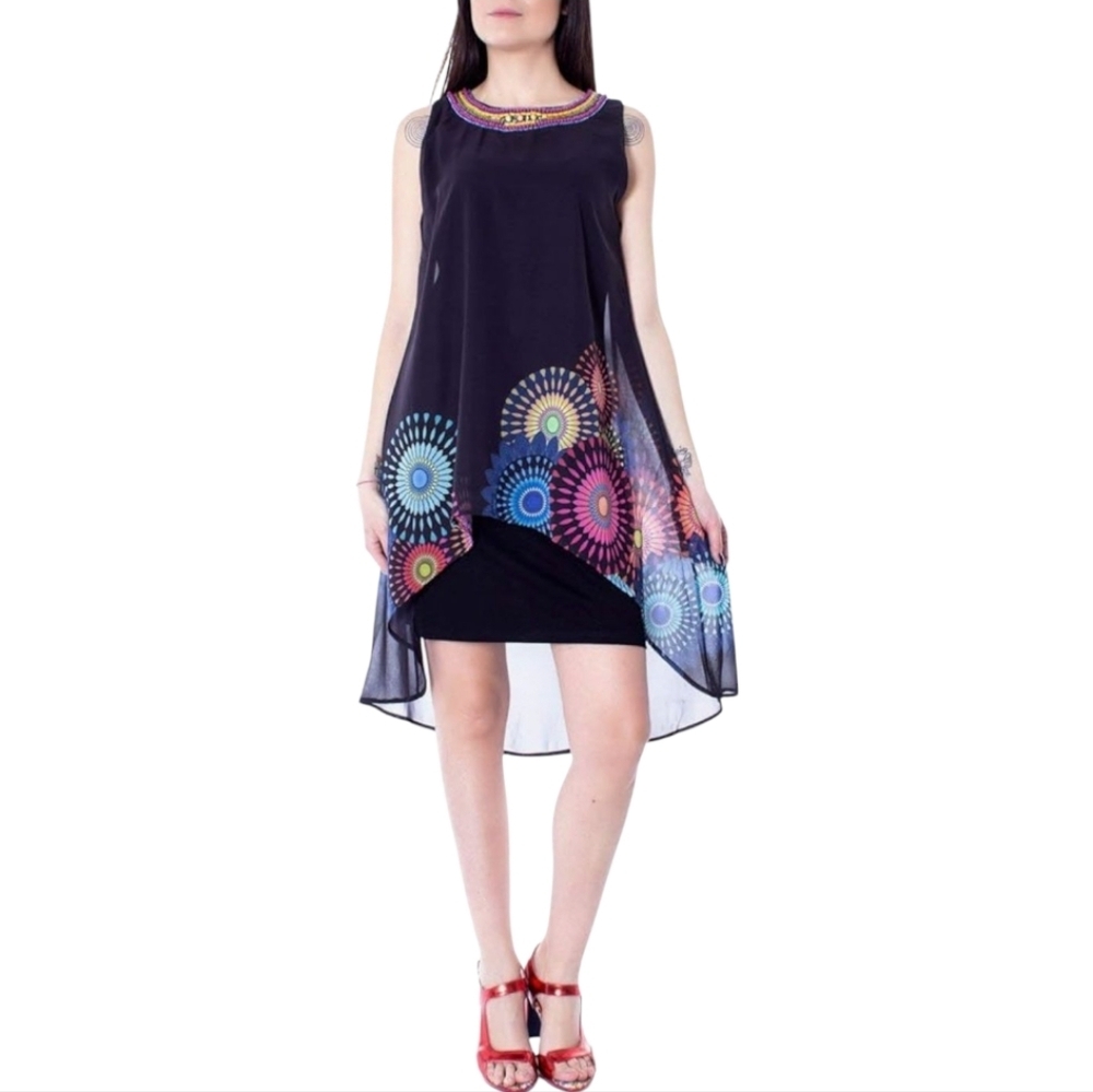 Desigual Black High-Low Dress with Multicolor Sunburst Print